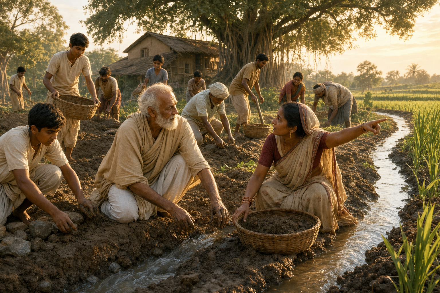 A spiritual teacher works with villagers to repair an irrigation channel while listening to a woman beside the fields.