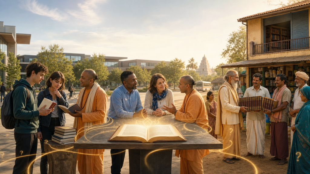 Interfaith group gathers around a glowing open sacred book as spiritual teachers share books in a California plaza and Indian village.