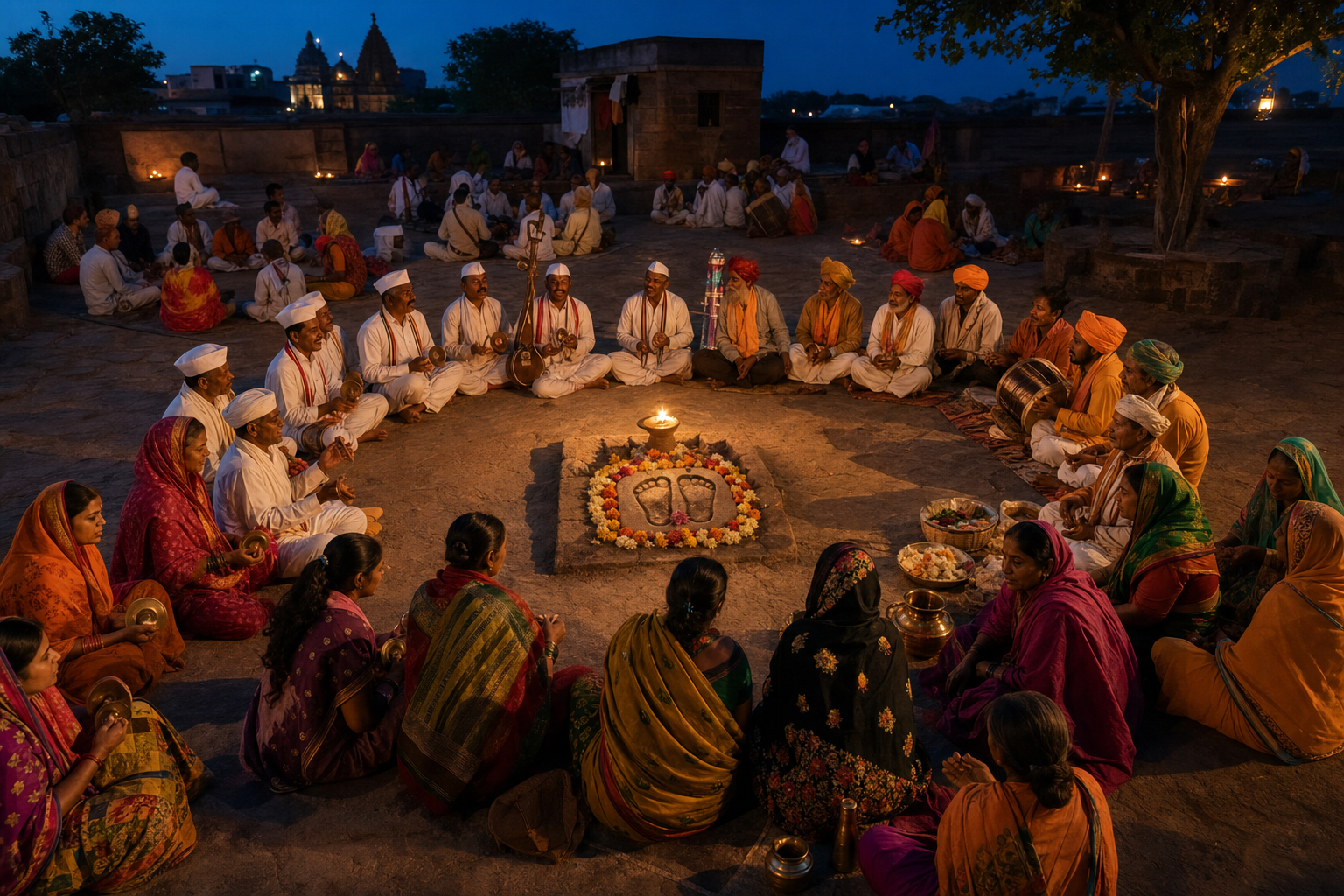 Pilgrims in varied regional dress gather in connected circles for music, offerings, and a shared evening meal.