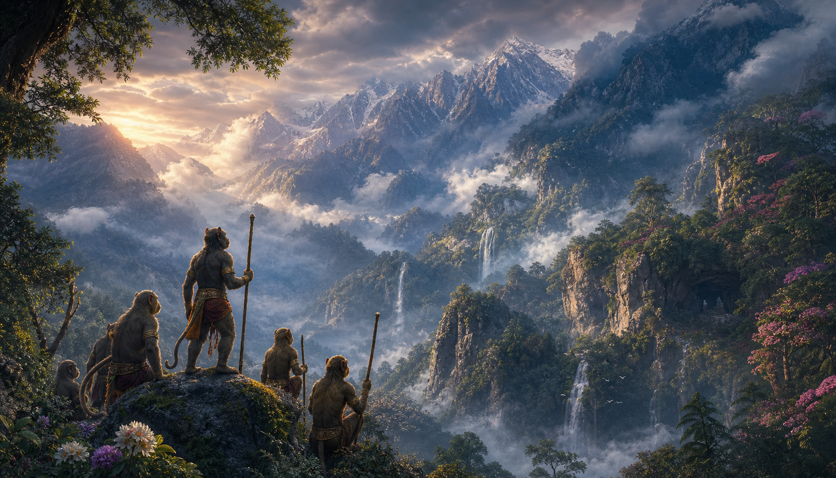 Vanara scouts overlook a vast northern mountain landscape with forests, waterfalls, caves, misty ravines, and distant snowy peaks.