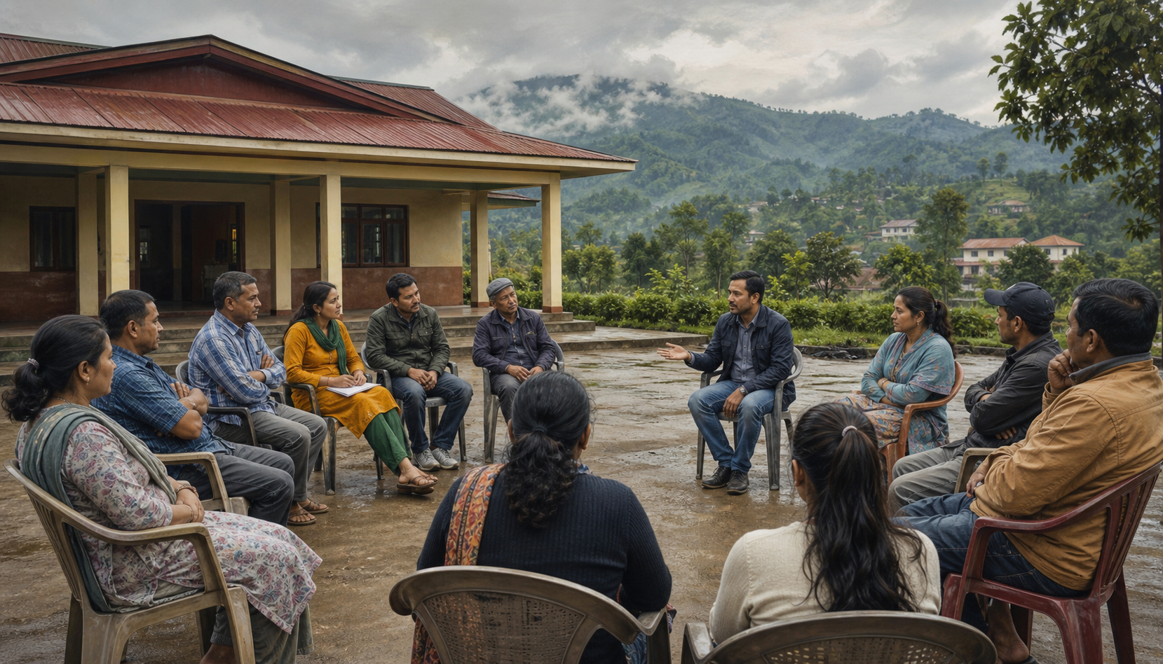 Residents hold a calm public discussion outside a civic hall in Kushalnagar, with green Kodagu hills in the background.