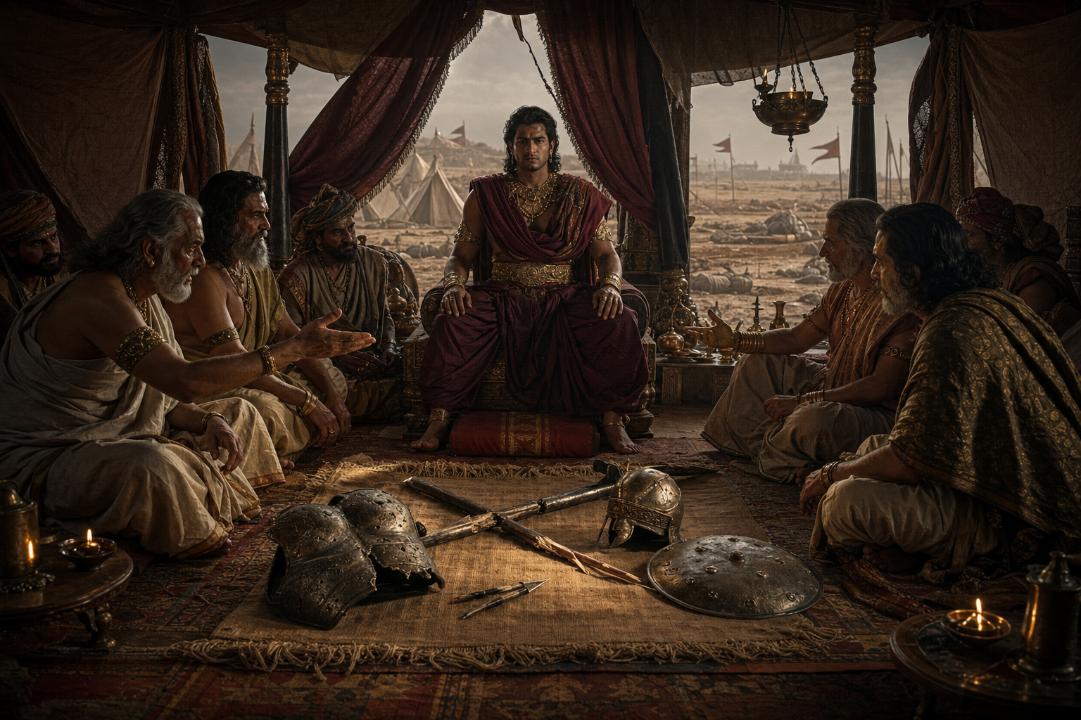 Duryodhana sits apart in a campaign pavilion while veteran advisers present damaged weapons and point toward the battlefield outside.