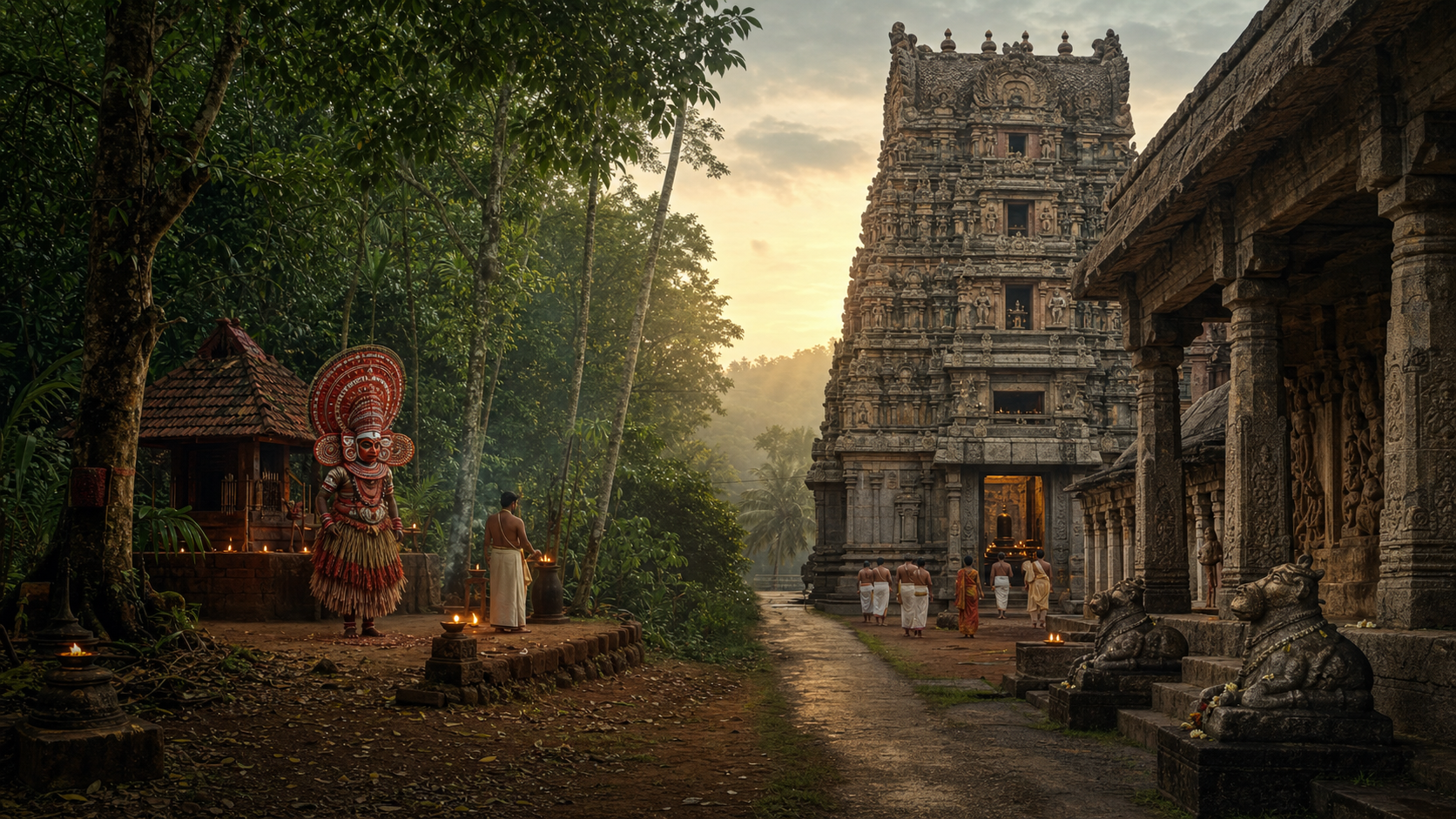 A North Kerala sacred grove with a Theyyam performer is paired with a Tamil stone temple and devotees in a wide South Indian landscape.