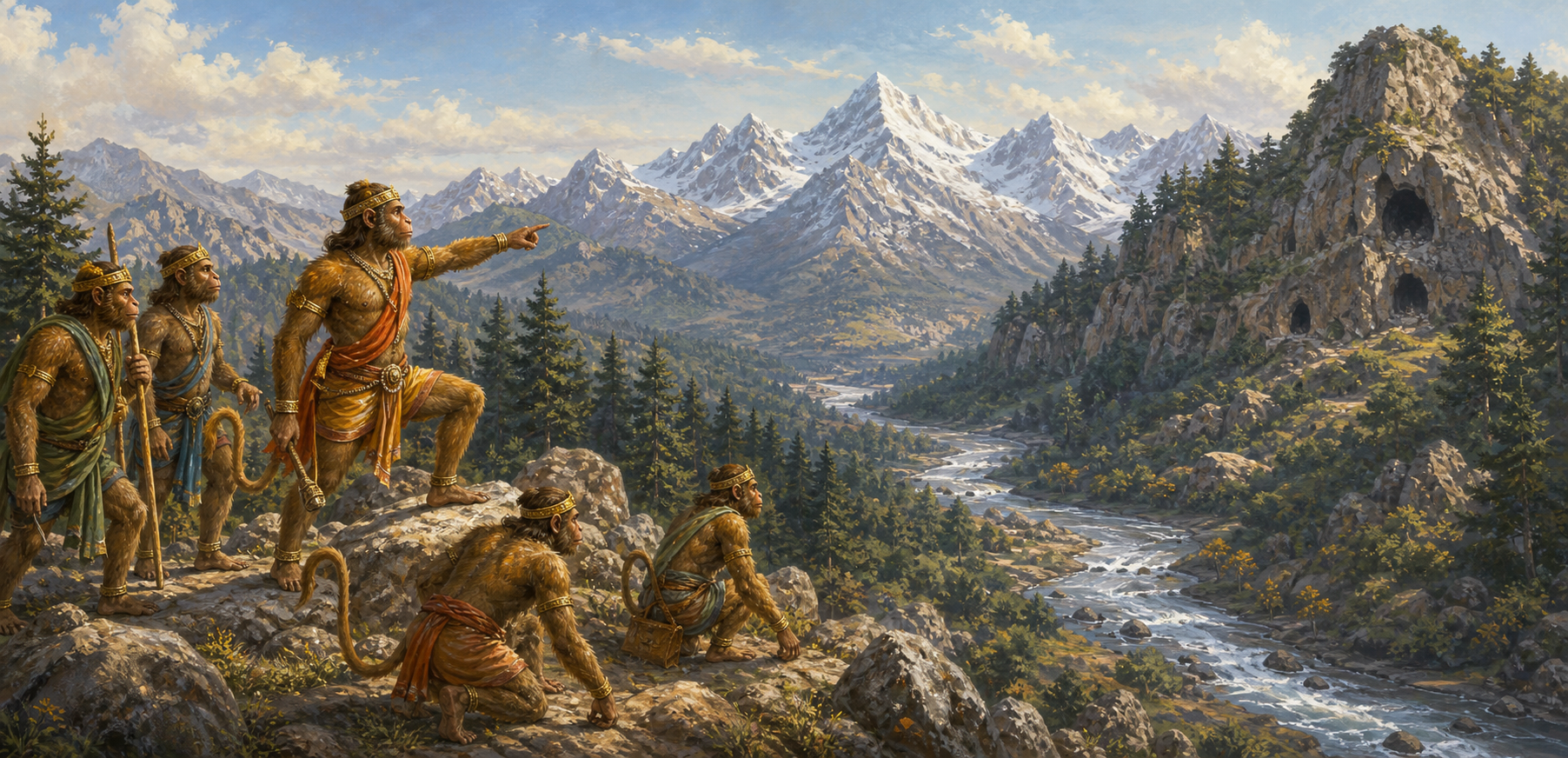 Vanara search parties travel across rocky uplands toward a forested valley, winding river, cave-lined ridge, and distant snow mountains.