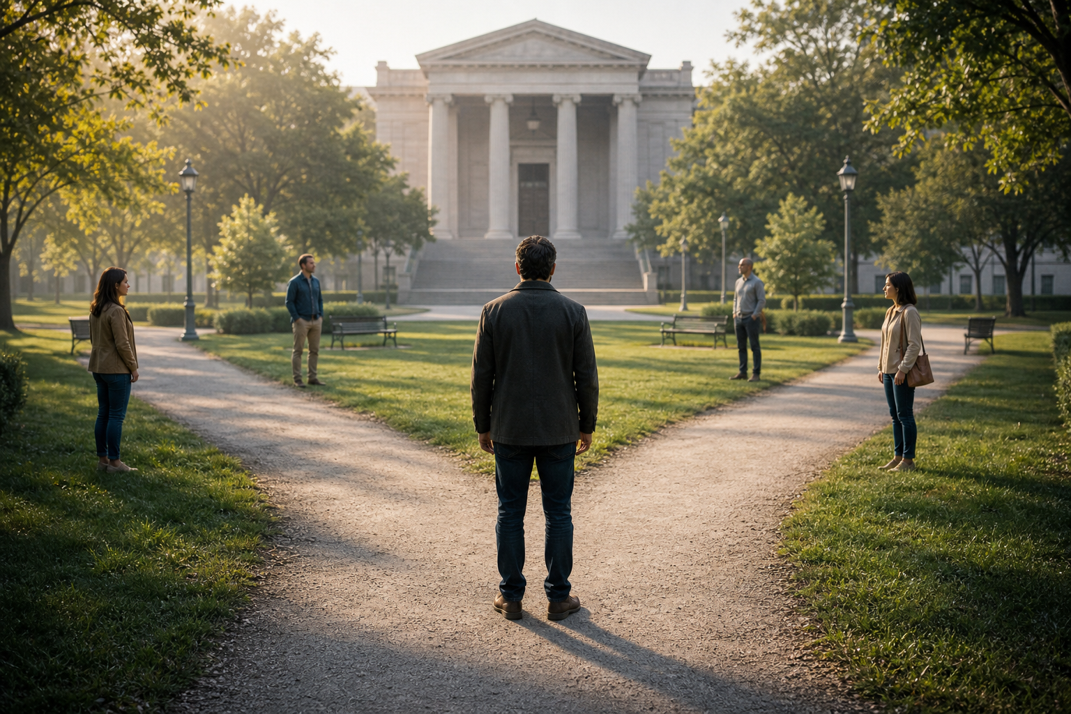 An adult freely considers three paths in a public garden while other people remain at a respectful distance.