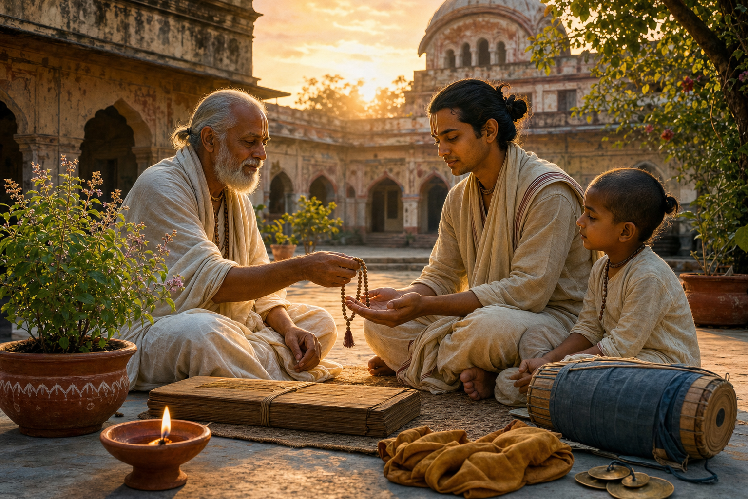An elder passes prayer beads to a younger practitioner as a child listens in a temple courtyard with a manuscript, lamp, instruments, and tulasi plants.