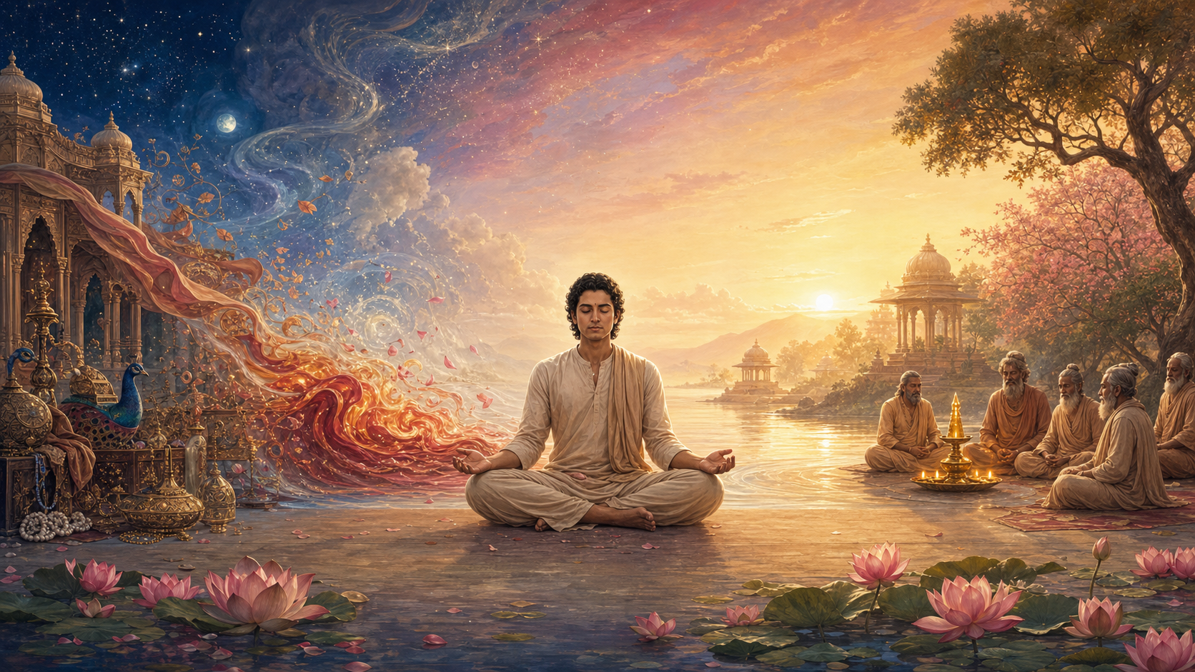 A seated spiritual aspirant remains calm as material forms dissolve on one side and a circle of sages gathers around a lamp on the other.