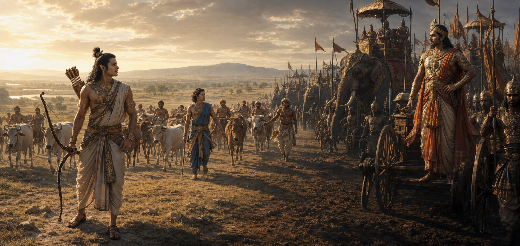 Arjuna helps return cattle to safety on a sunlit plain while Duryodhana stands among a crowded army in deepening shadow.