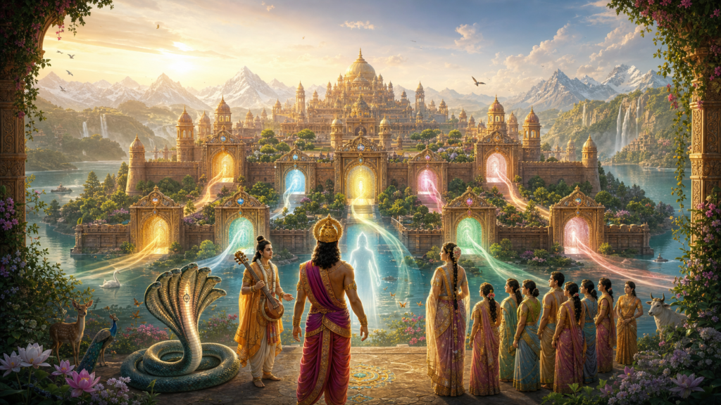 King Purañjana and Nārada overlook a Himalayan city with nine luminous gates, a sacred serpent and sensory attendants.