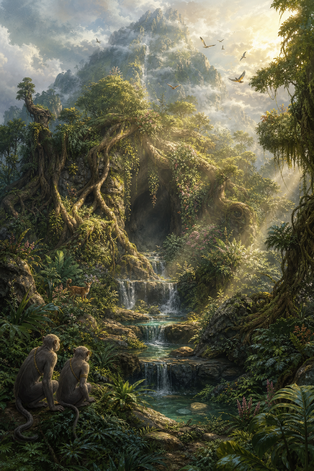 A forest-covered mountain with rooted trees, flowering vines, waterfalls, cave entrances, birds, small animals, and two vanara scouts.