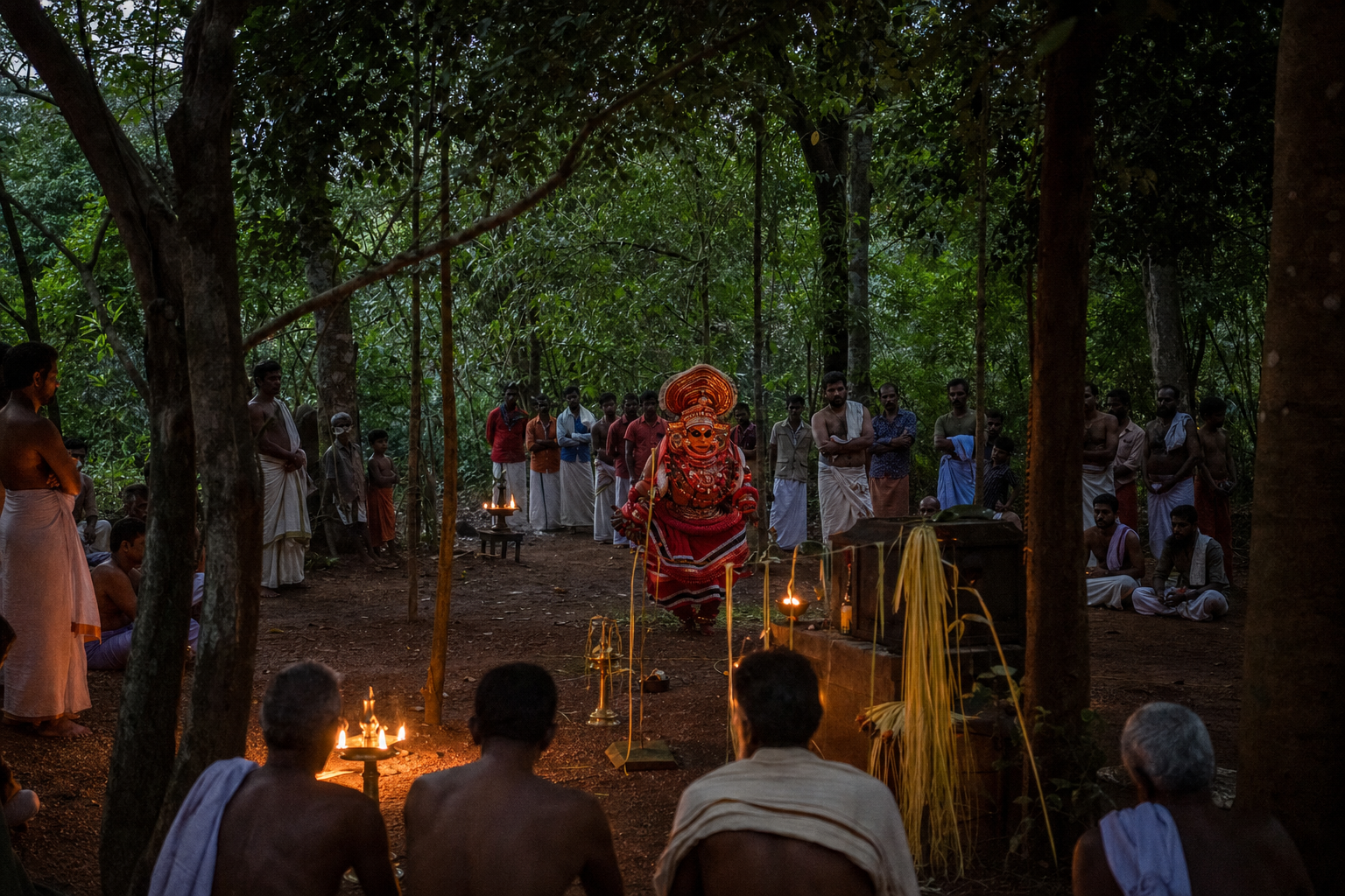 A costumed Theyyam performer stands among oil lamps and gathered worshippers in a wooded sacred grove in North Kerala.