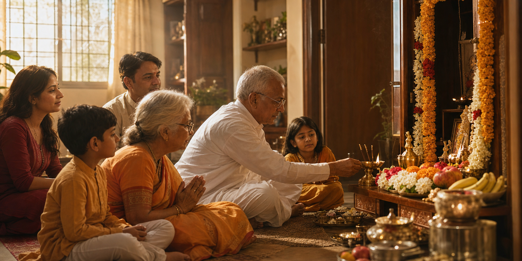 A multigenerational Hindu family gathers around a home shrine as an elder lights a brass oil lamp at dawn.