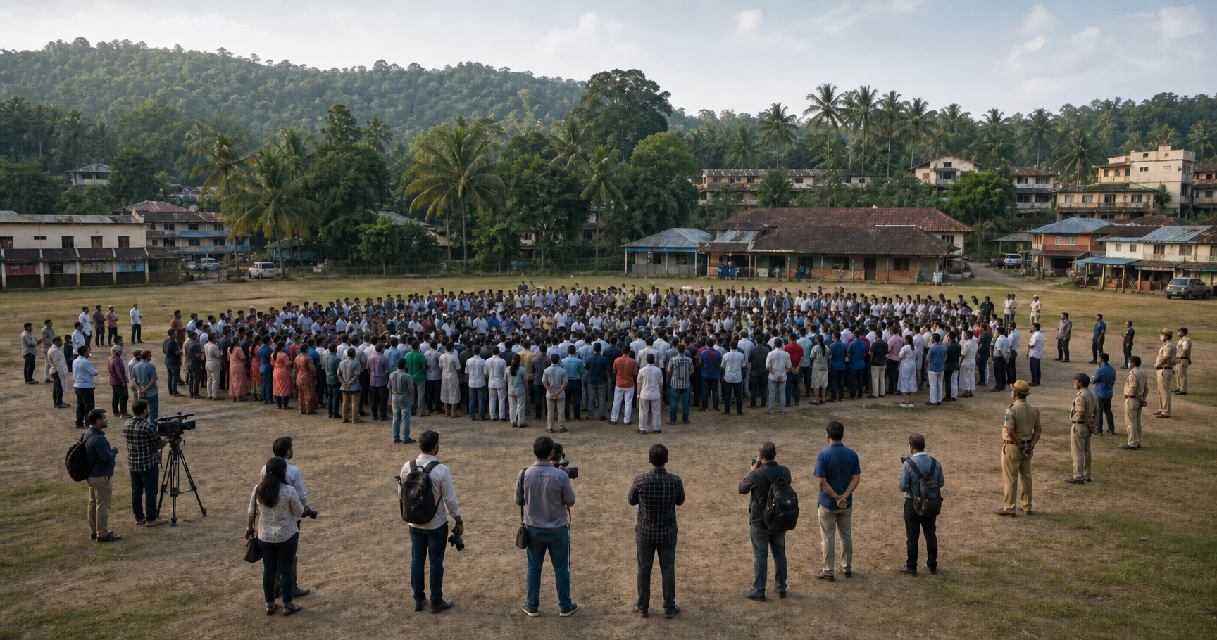 A large peaceful gathering fills a town ground as journalists, observers, and safety personnel watch from the edges.