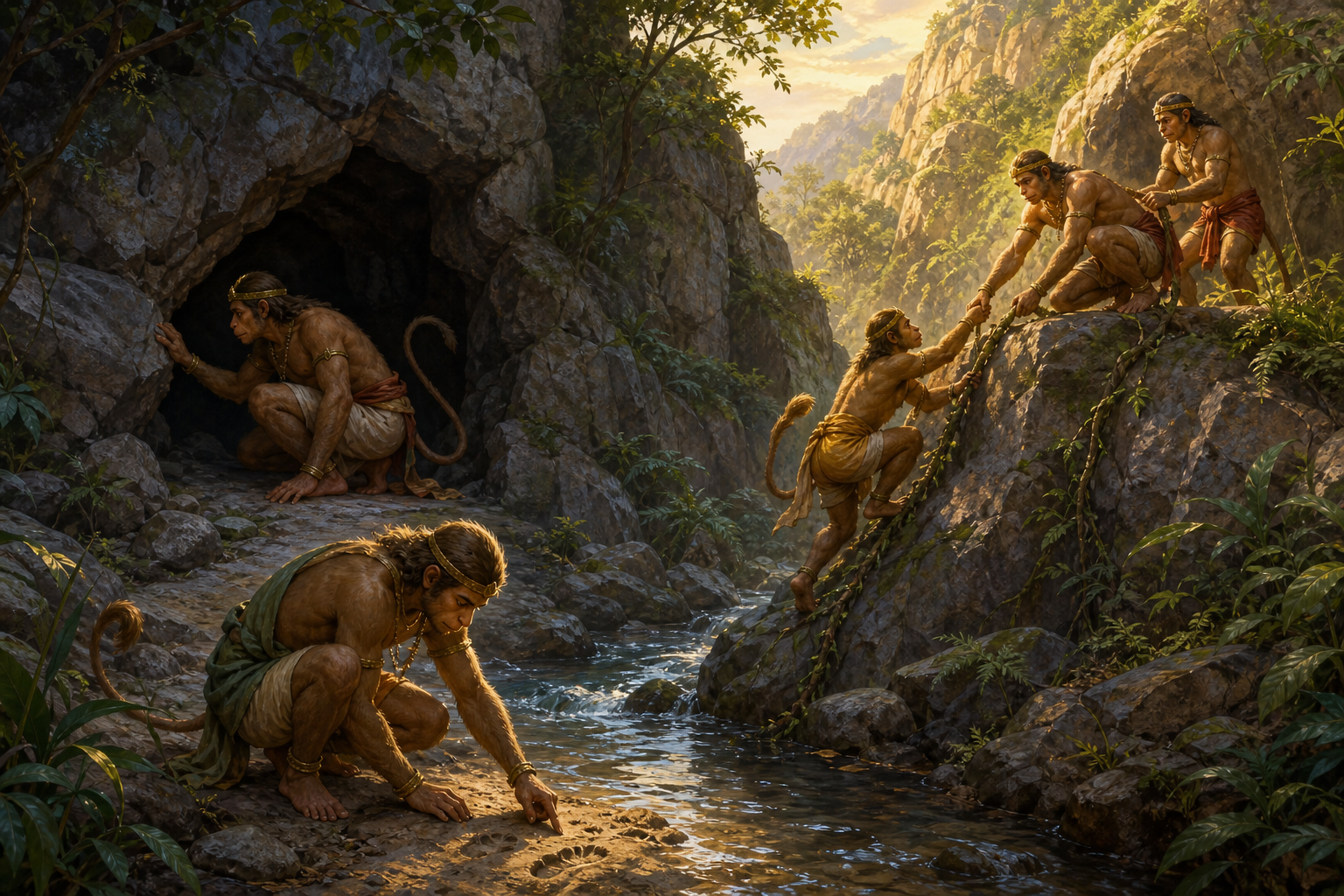 Vanara scouts cooperate in a mountain gorge by examining a cave, studying tracks beside a stream, and helping one another climb.