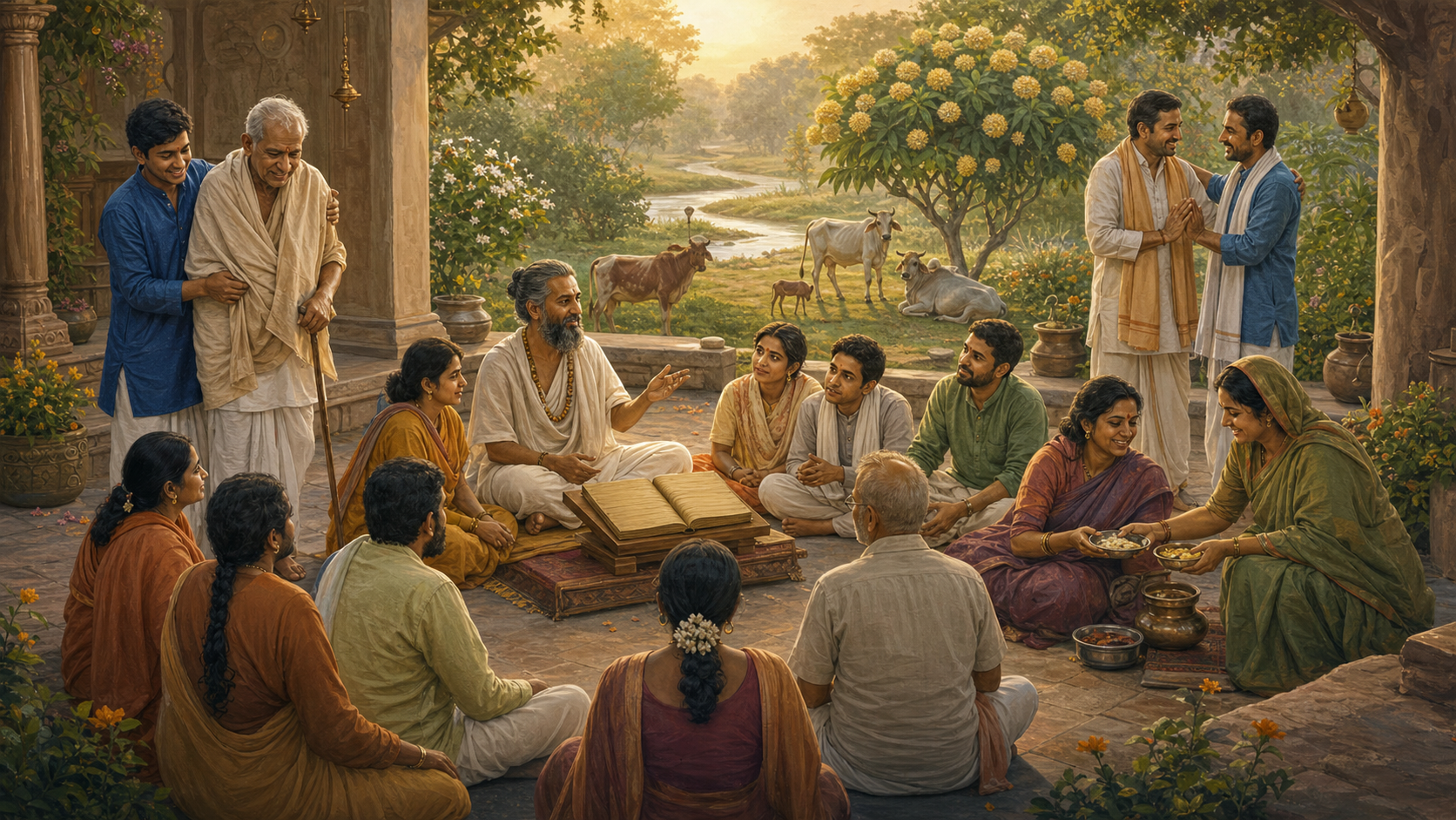 A storyteller teaches a multigenerational group in a temple courtyard while nearby people help an elder, share food, and reconcile.