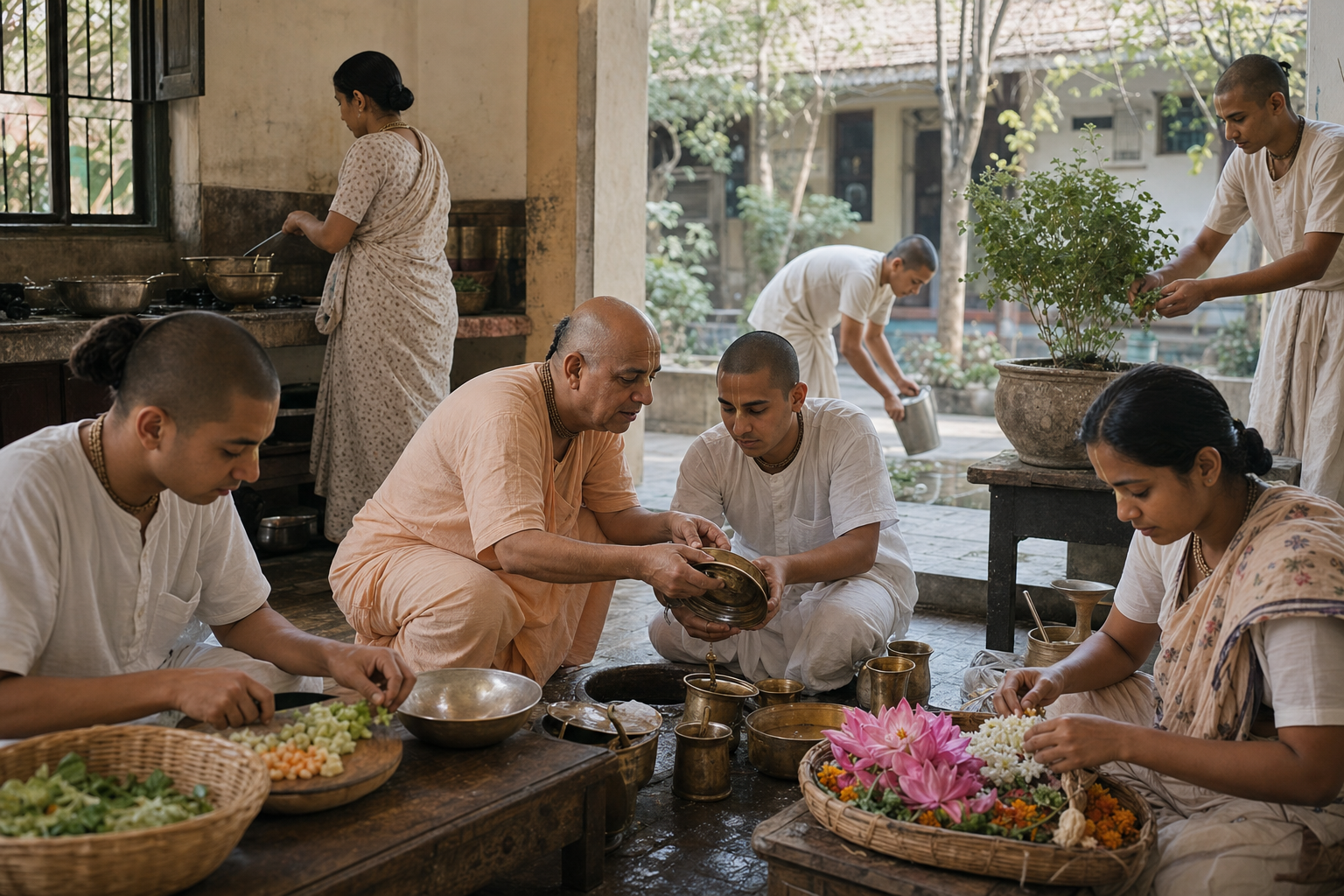 Practitioners prepare offerings, clean brass vessels, arrange flowers, and tend a tulasi plant while an elder demonstrates a service task.