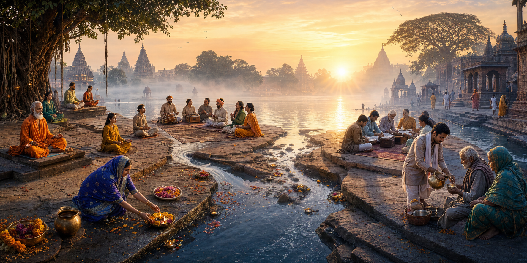 People on a riverside ghat meditate, offer flowers, study, sing, and serve others beside pathways converging toward one river at dawn.