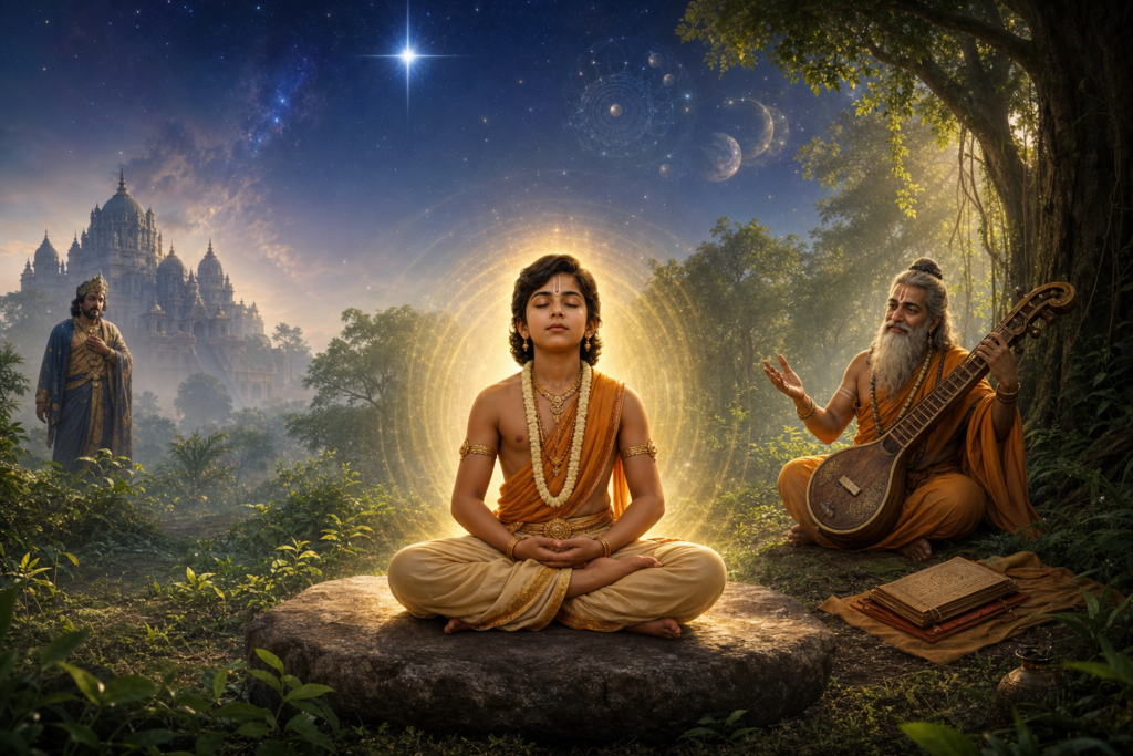 Young Dhruva Mahārāja meditates in a golden aura beneath the pole star as Nārada Muni plays the vīṇā in an ancient forest.