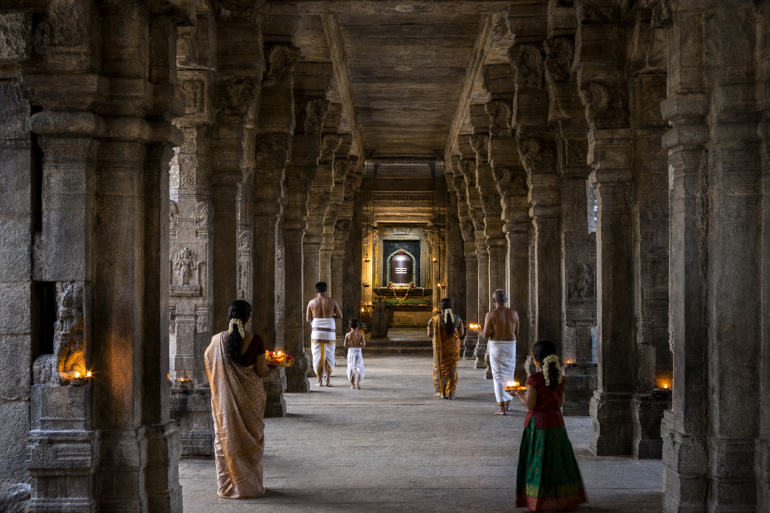Devotees approach a lamp-lit Shiva linga shrine through the granite pillared hall of a Tamil temple.