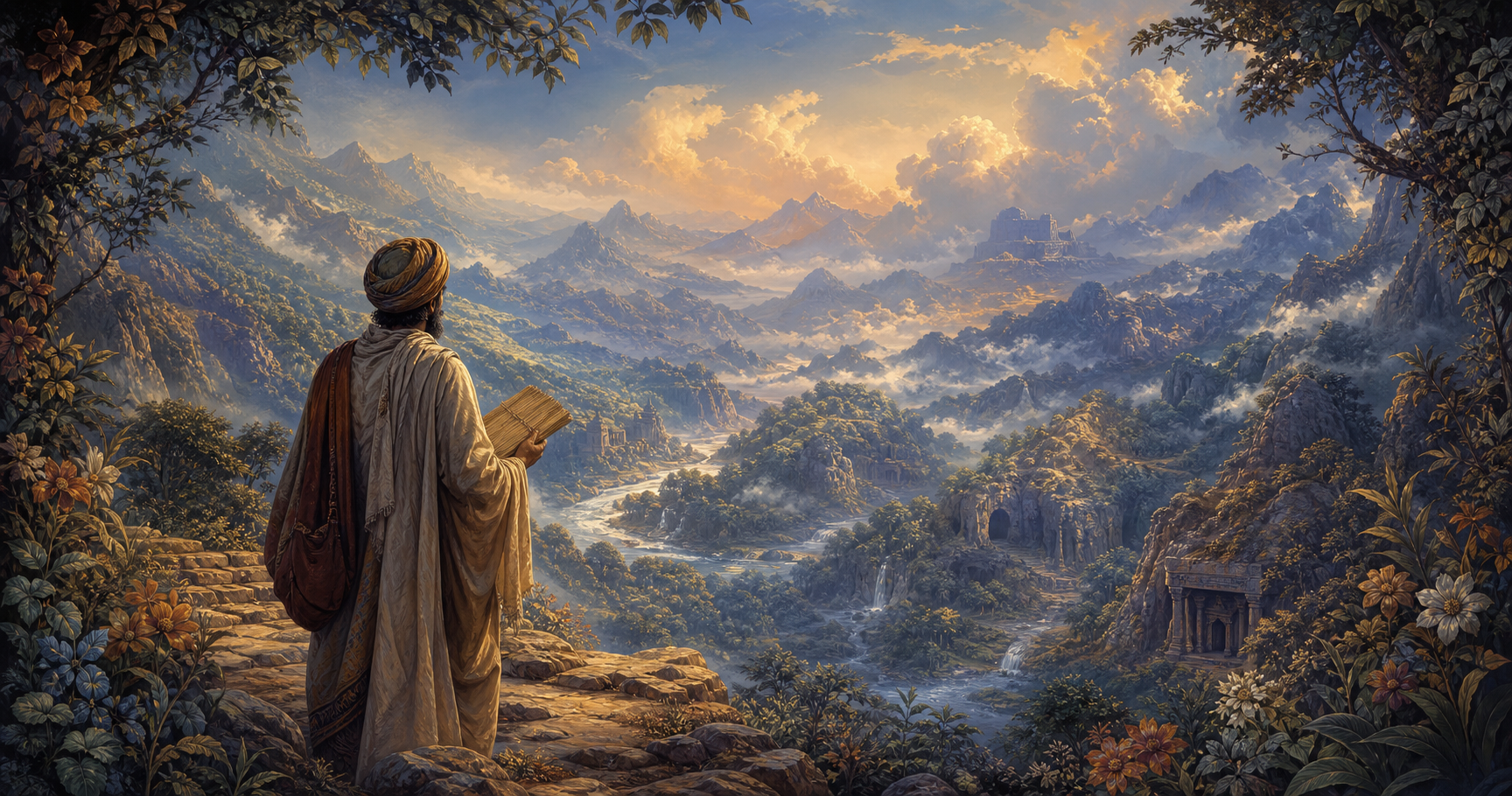 A traveler with an unmarked palm-leaf bundle looks across layered mountains, forests, rivers, caves, and luminous clouds fading into the distance.