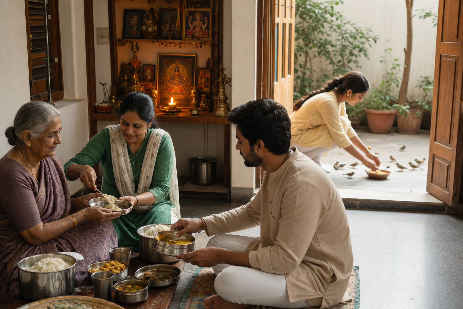 Family members share prepared food with an older relative and a guest while a lit home shrine remains visible behind them.