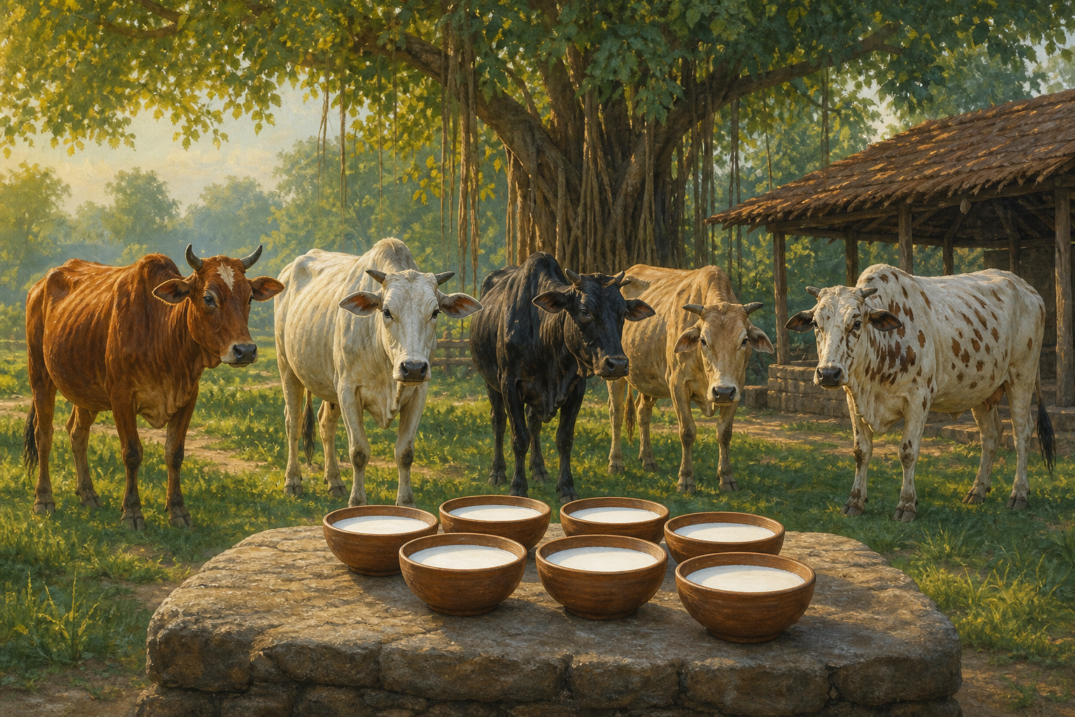 Cows with different coat colors stand in a pasture behind several clay bowls containing white milk.