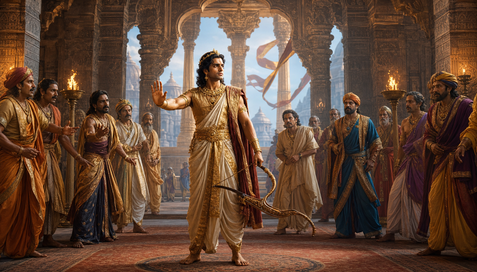 A composed royal figure holds a ceremonial bow lowered and raises one hand in restraint while an agitated court watches.