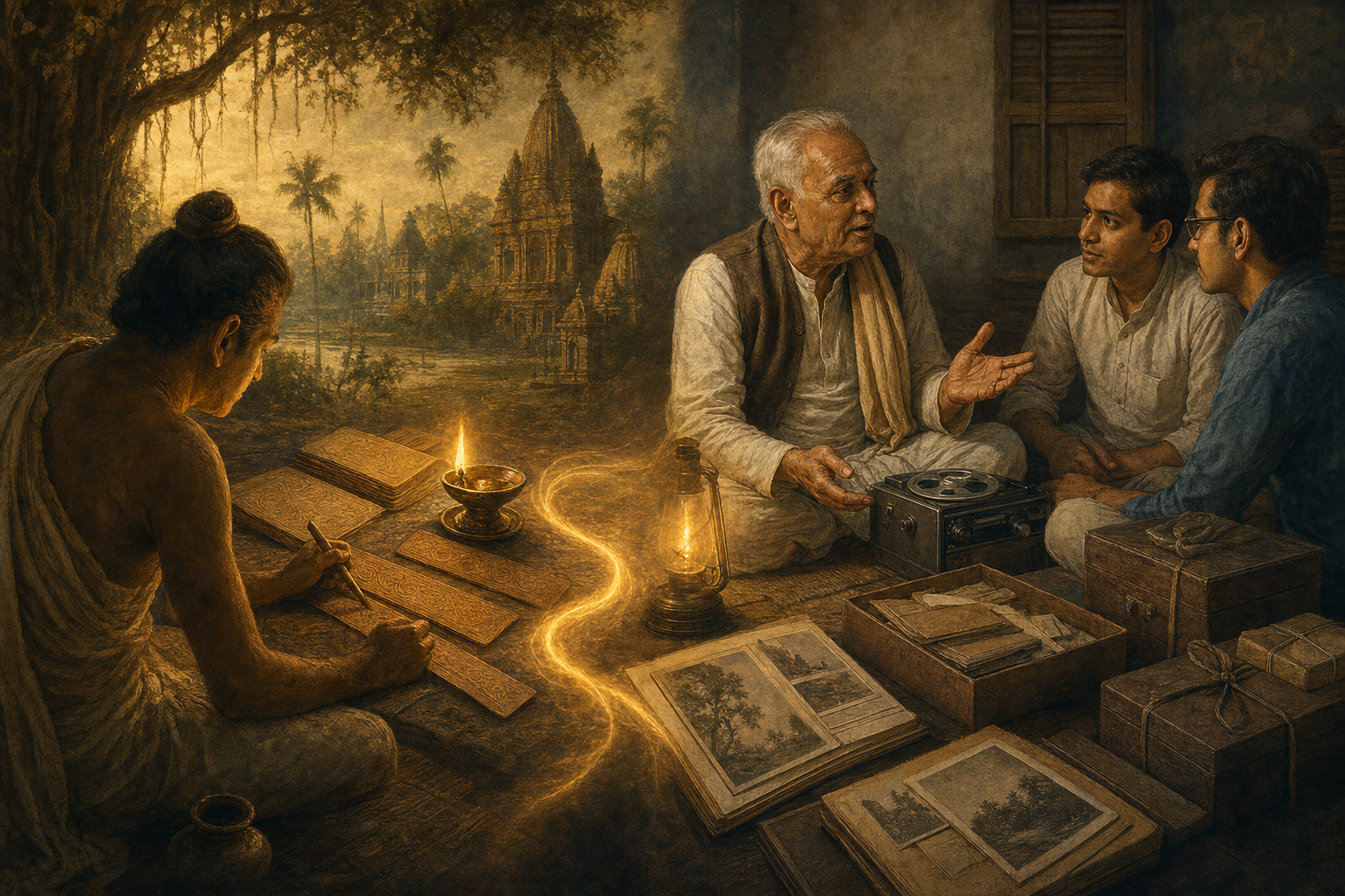 A historical scribe works on palm-leaf folios beside an oil lamp while, in a connected modern scene, an elder speaks to younger listeners near an audio recorder.