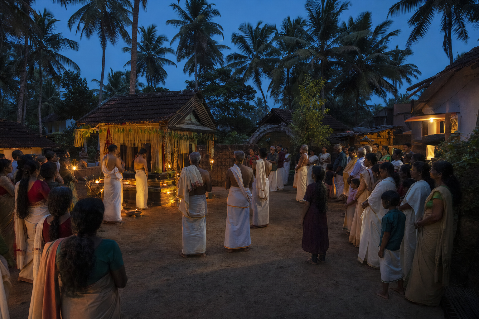Villagers gather by oil lamps in the courtyard of a traditional Kerala Mudippura at dusk.