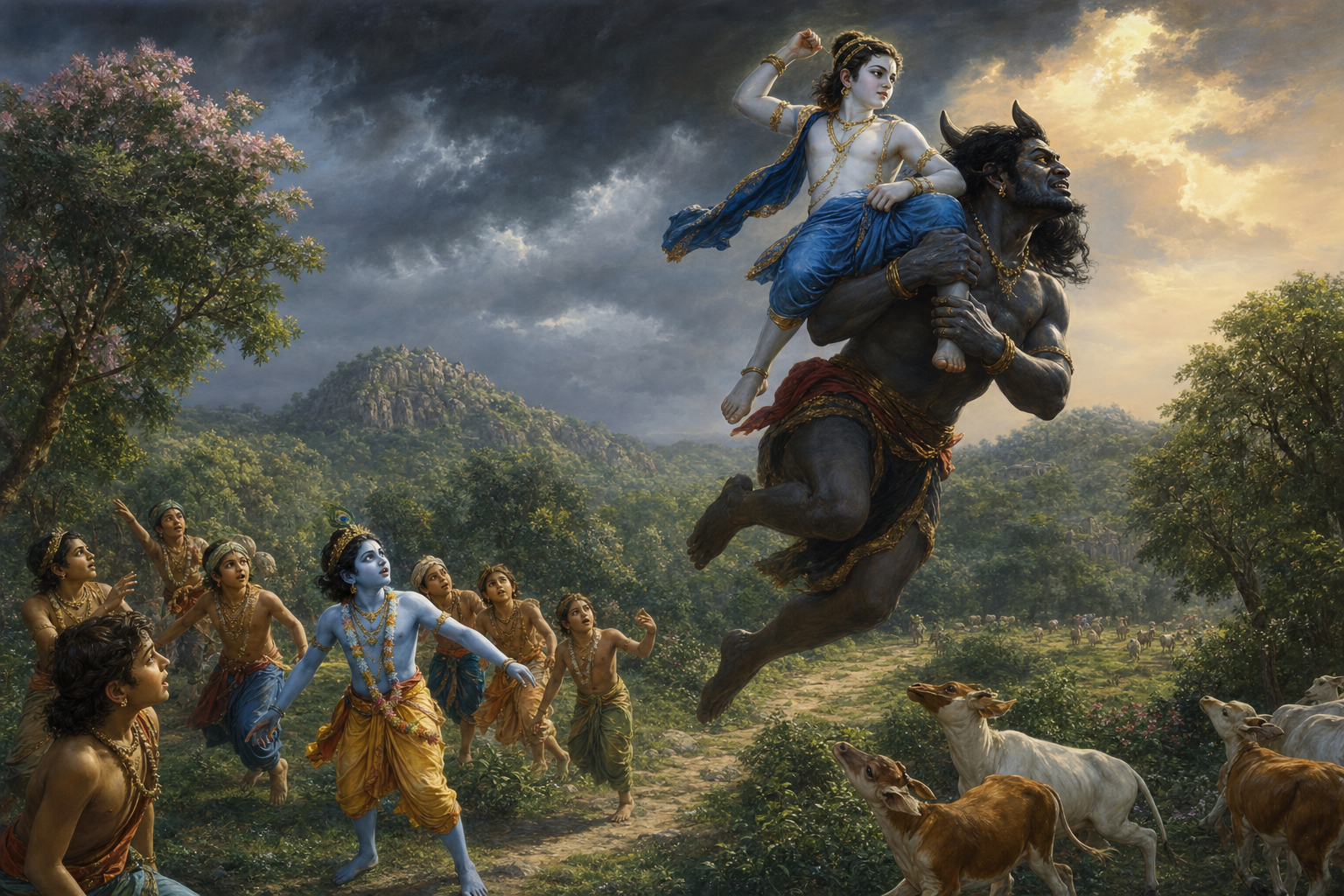 Balarama confronts the transformed Pralamba above a Vrindavan forest clearing as Krishna and the cowherd boys watch below.