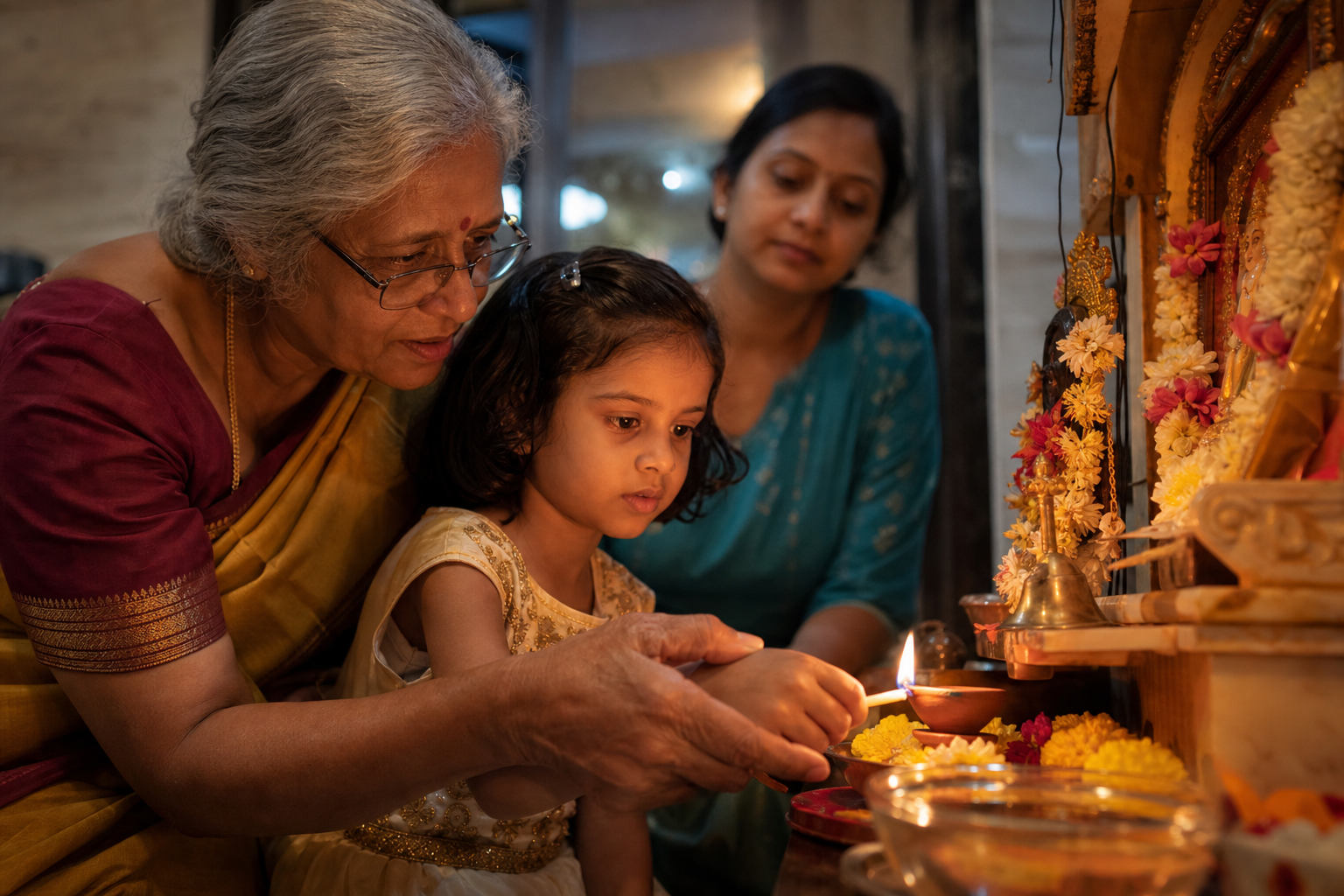 A grandparent helps a child light a clay lamp at a household shrine while a parent watches.