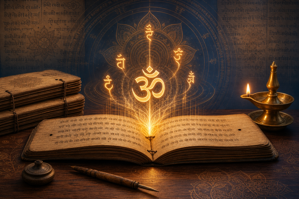 Glowing Om symbol rising from an ancient Sanskrit palm-leaf manuscript