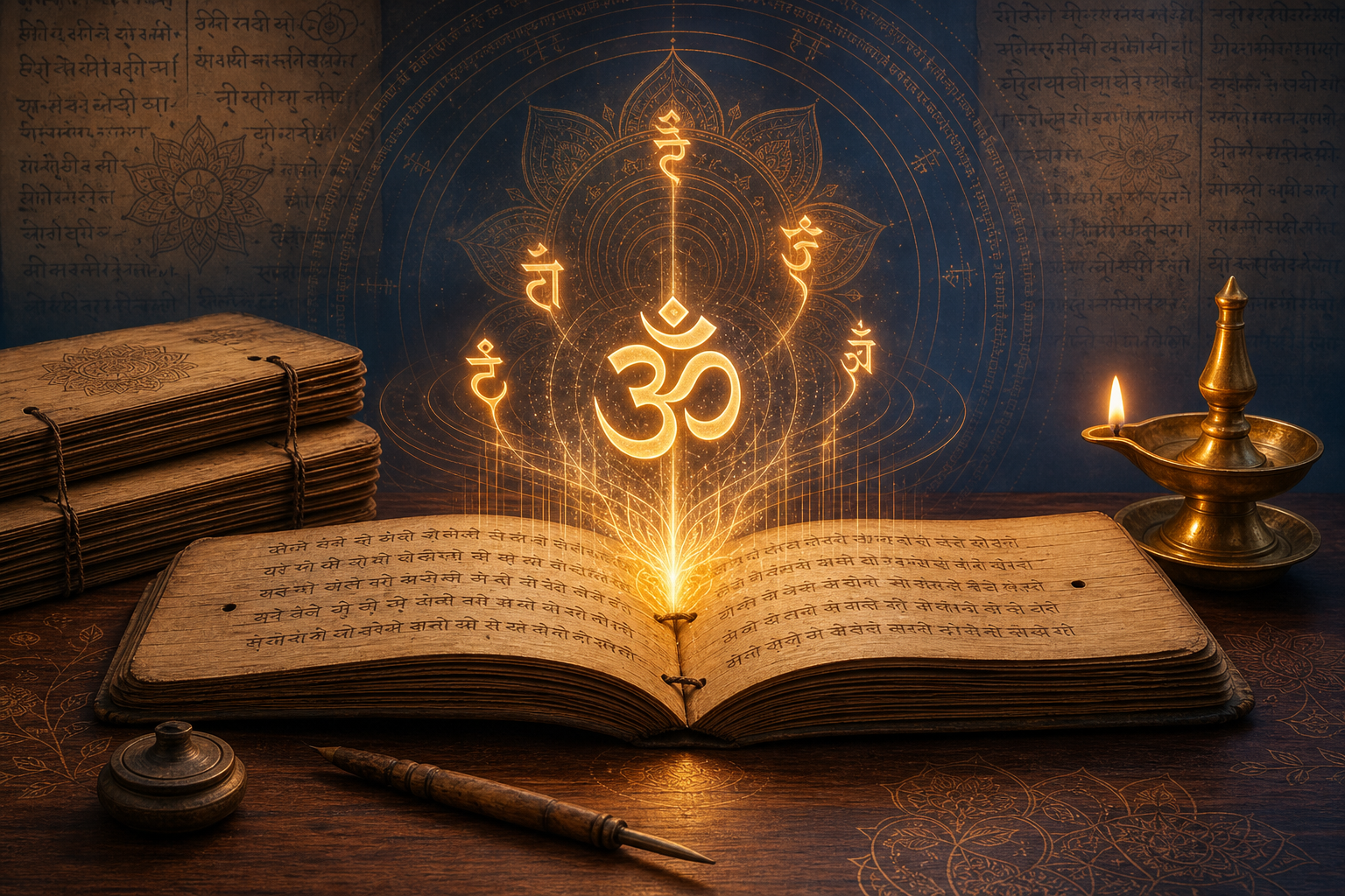 Glowing Om symbol rising from an ancient Sanskrit palm-leaf manuscript