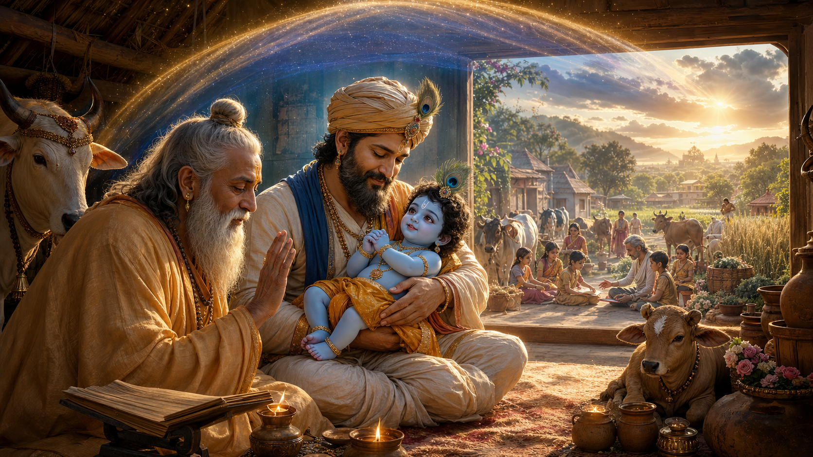 Nanda cradles infant Krishna as Garga Muni blesses him in a Vraja cowshed overlooking the village at sunrise.