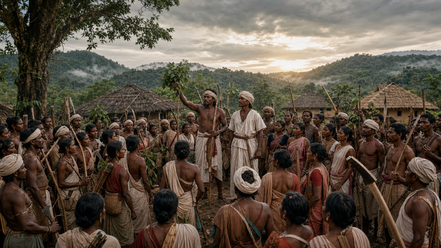 A large gathering of Santal villagers with bows, axes, farming tools and sal branches meets in a clearing at Bhognadih.