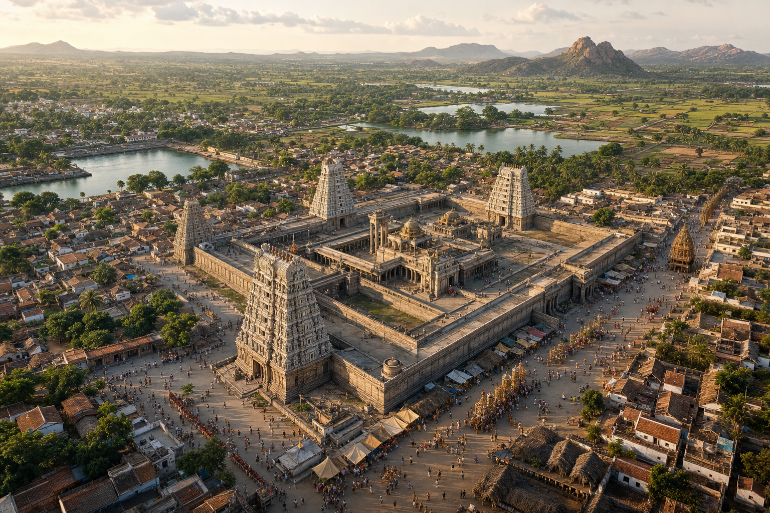 A Tamil Shaiva temple complex stands at the center of streets, homes, fields, water, and community activity near distant hills.