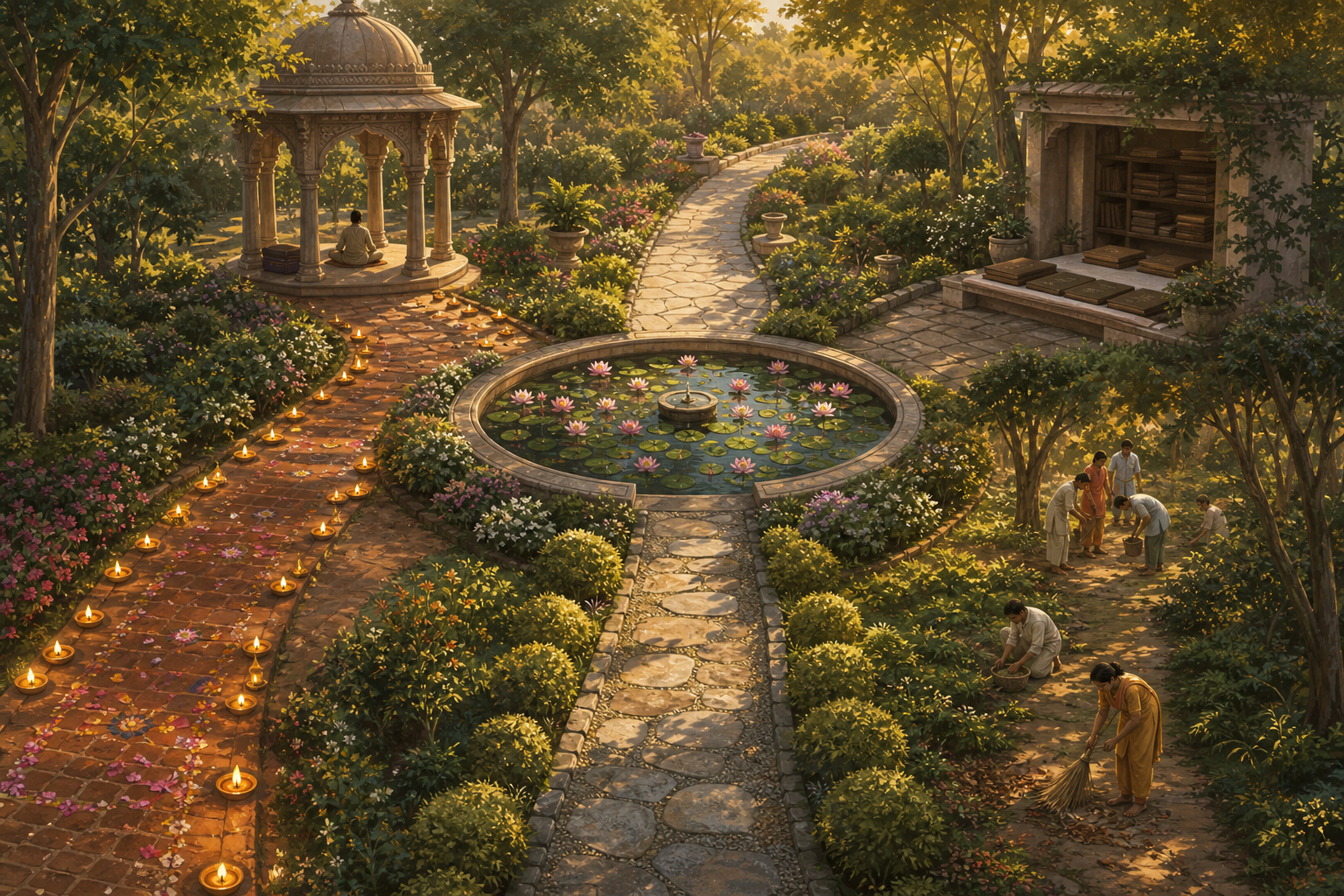 Four different garden paths lead toward the same lotus pond, passing places for devotion, meditation, study, and service.