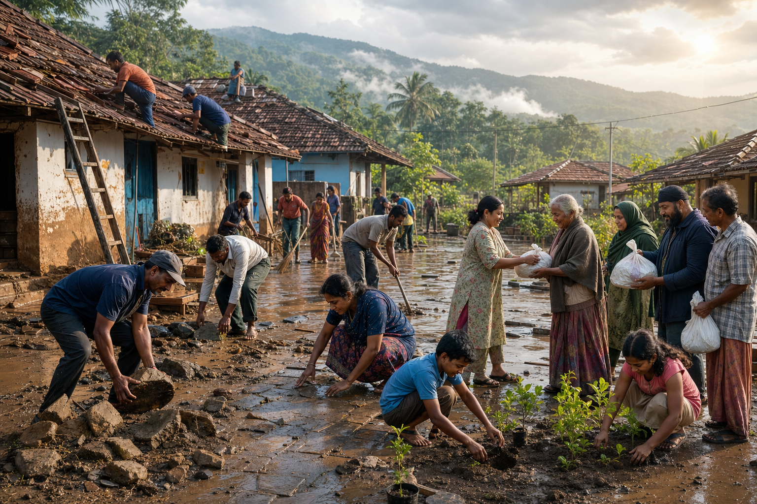 Neighbors repair a rain-damaged courtyard, share food parcels, and plant saplings together in a green Kodagu neighborhood.