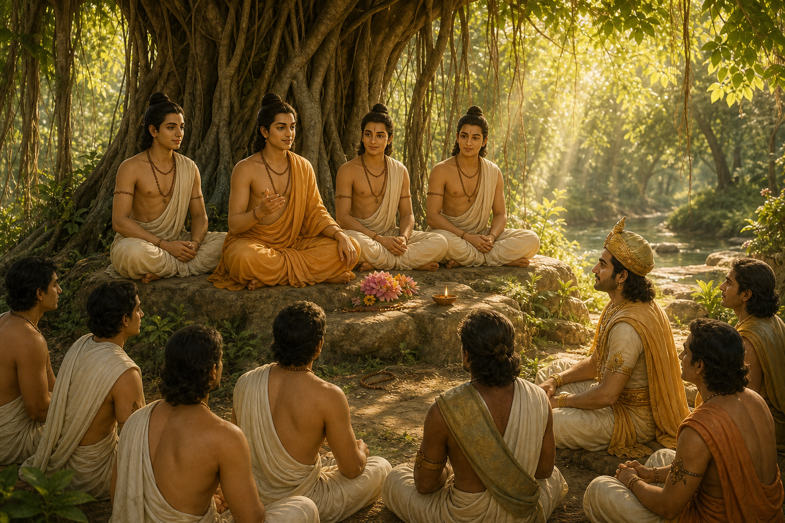 Four youthful sages teach an attentive royal listener and other seekers beneath a banyan tree beside a lamp and flower offerings.