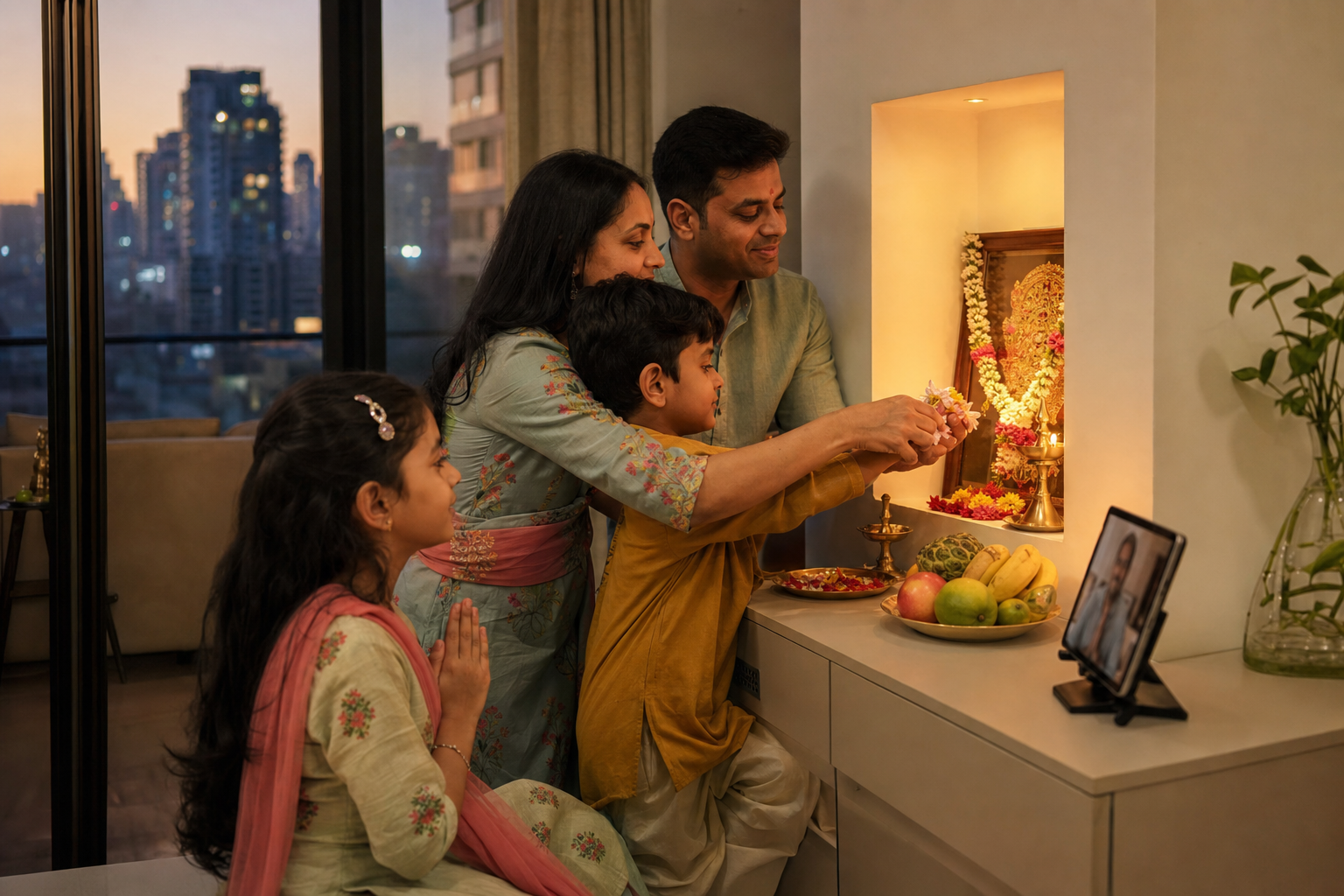 A family performs a simple ritual at a compact shrine in an urban apartment while a distant relative joins by video call.