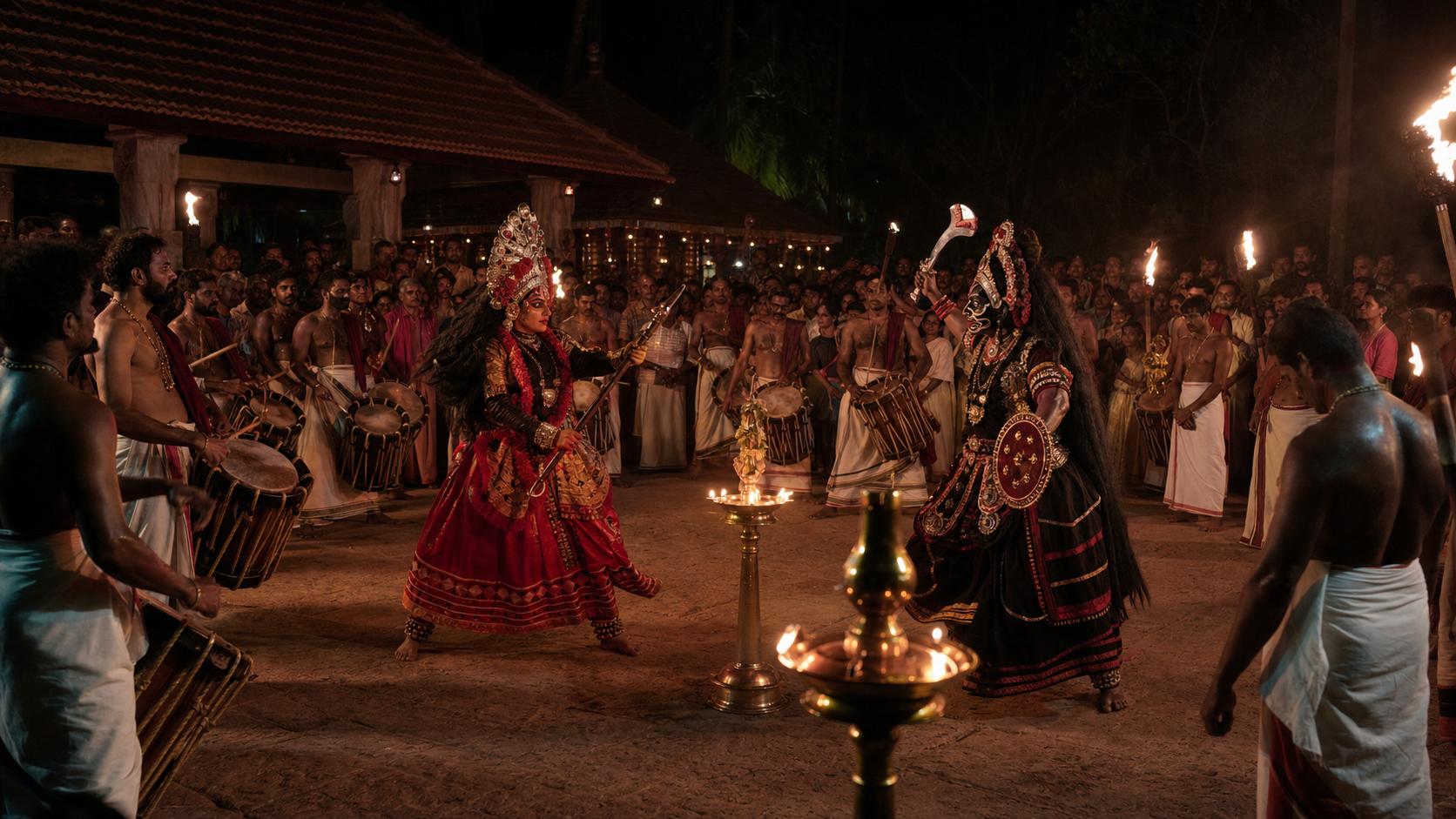 Costumed performers enact the Bhadrakali and Darika story during a lamp-lit Kaliyoottu ritual attended by villagers and drummers.