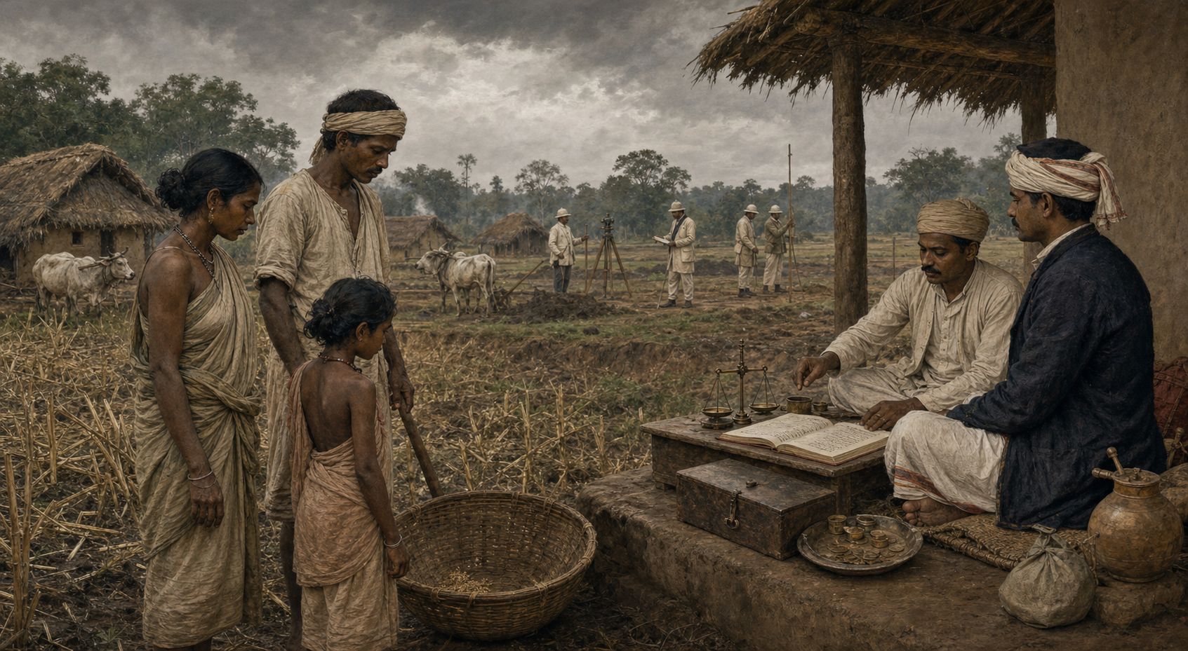 A Santal farming family stands by a field while revenue agents, a moneylender and surveyors record land and debt nearby.