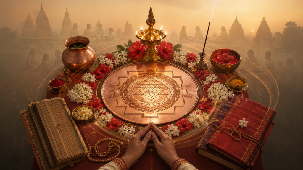 Symmetrical Shakta Hindu altar with a copper Sri Chakra yantra, oil lamp, flowers, incense, manuscripts, prayer beads, and hands in prayer.