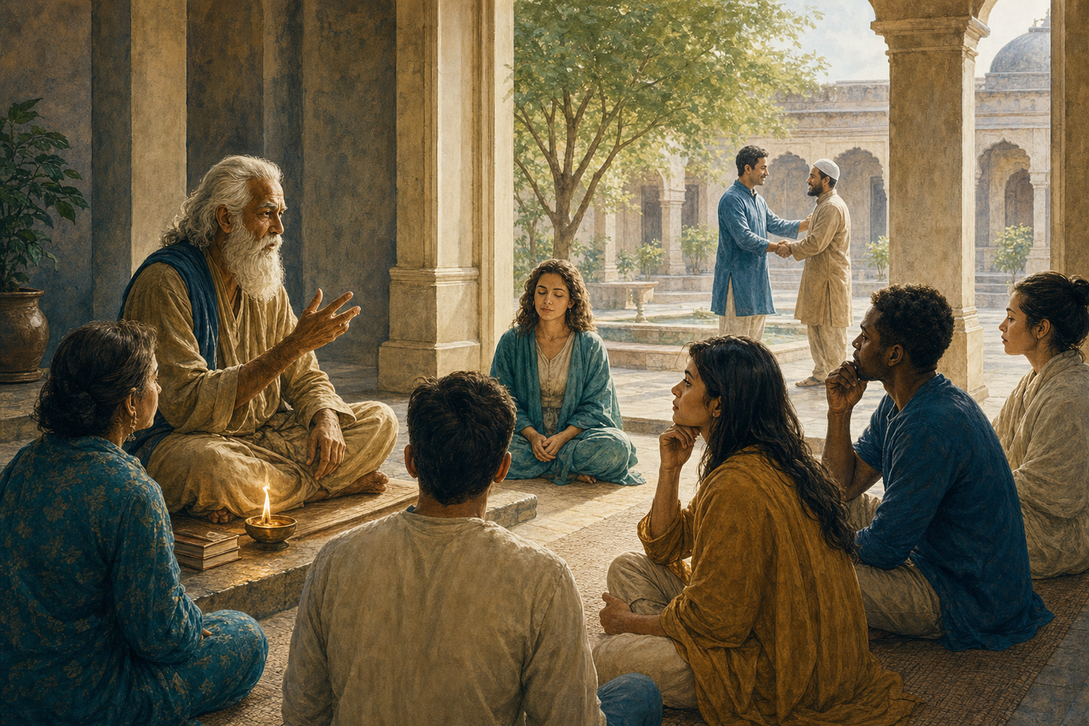 An elder speaks in a pillared hall as listeners pay close attention and observe a peaceful resolution in the adjoining courtyard.