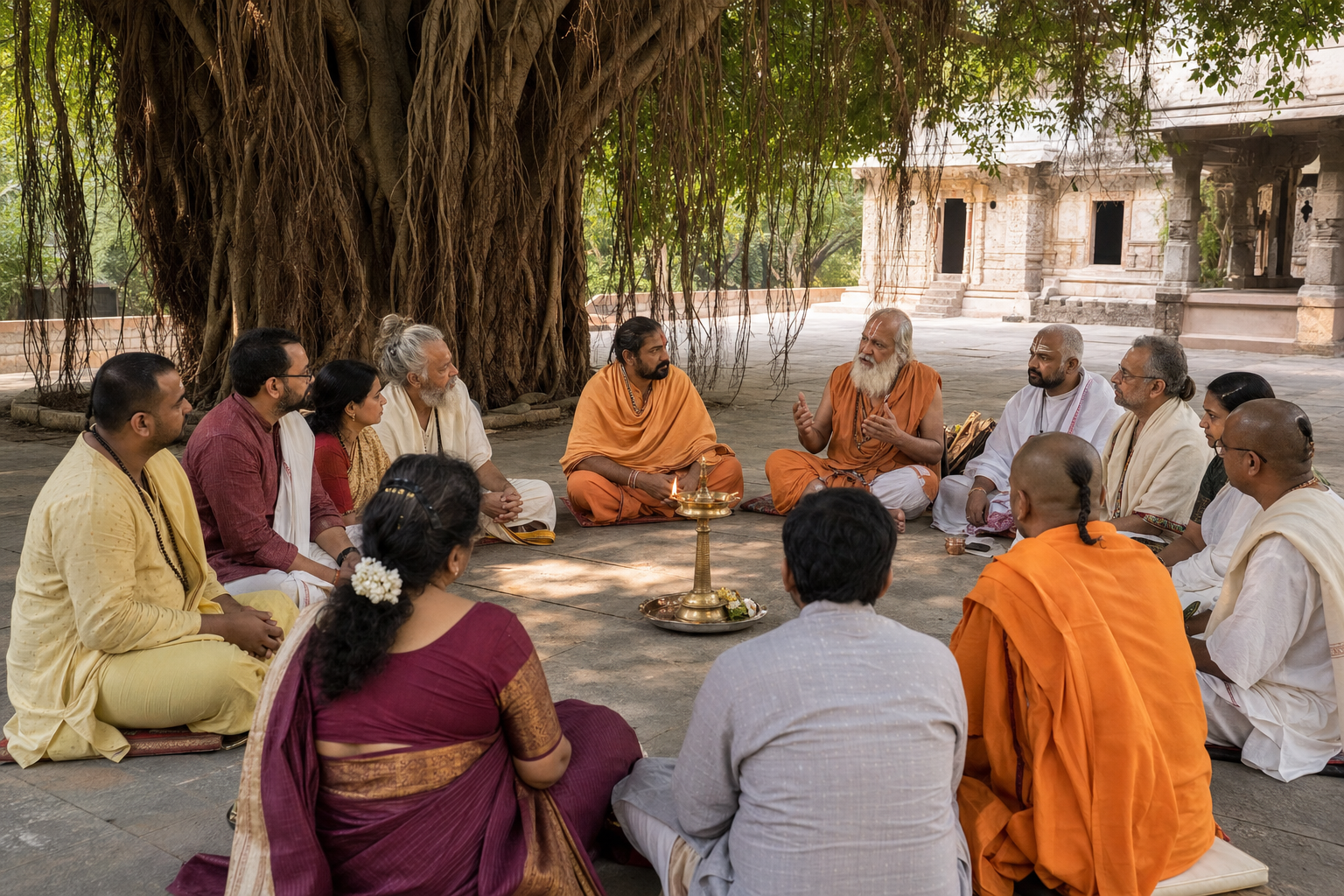 A varied group of Hindu practitioners and scholars sit in a circle beneath a banyan tree and engage in calm discussion around a brass lamp.