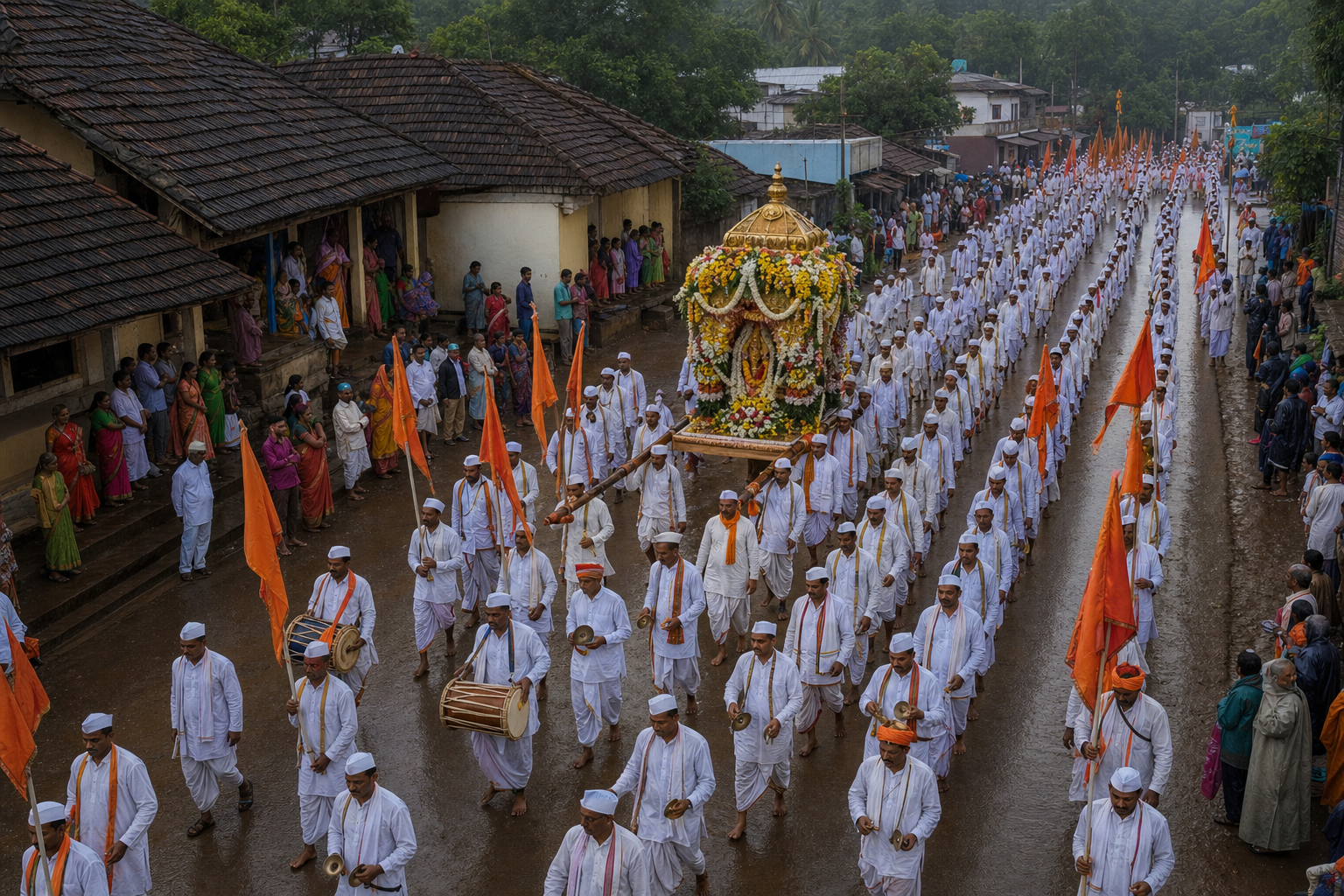 An organized Palkhi procession advances in orderly groups with flag bearers, musicians and volunteers around the central shrine.