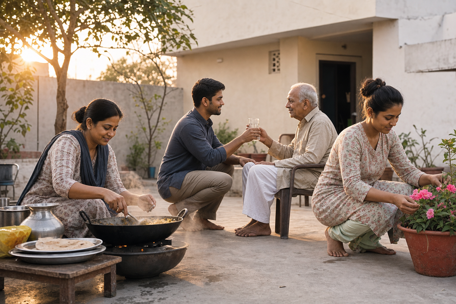 People in a sunlit household courtyard prepare food, offer water to an elder, and care for a plant together.