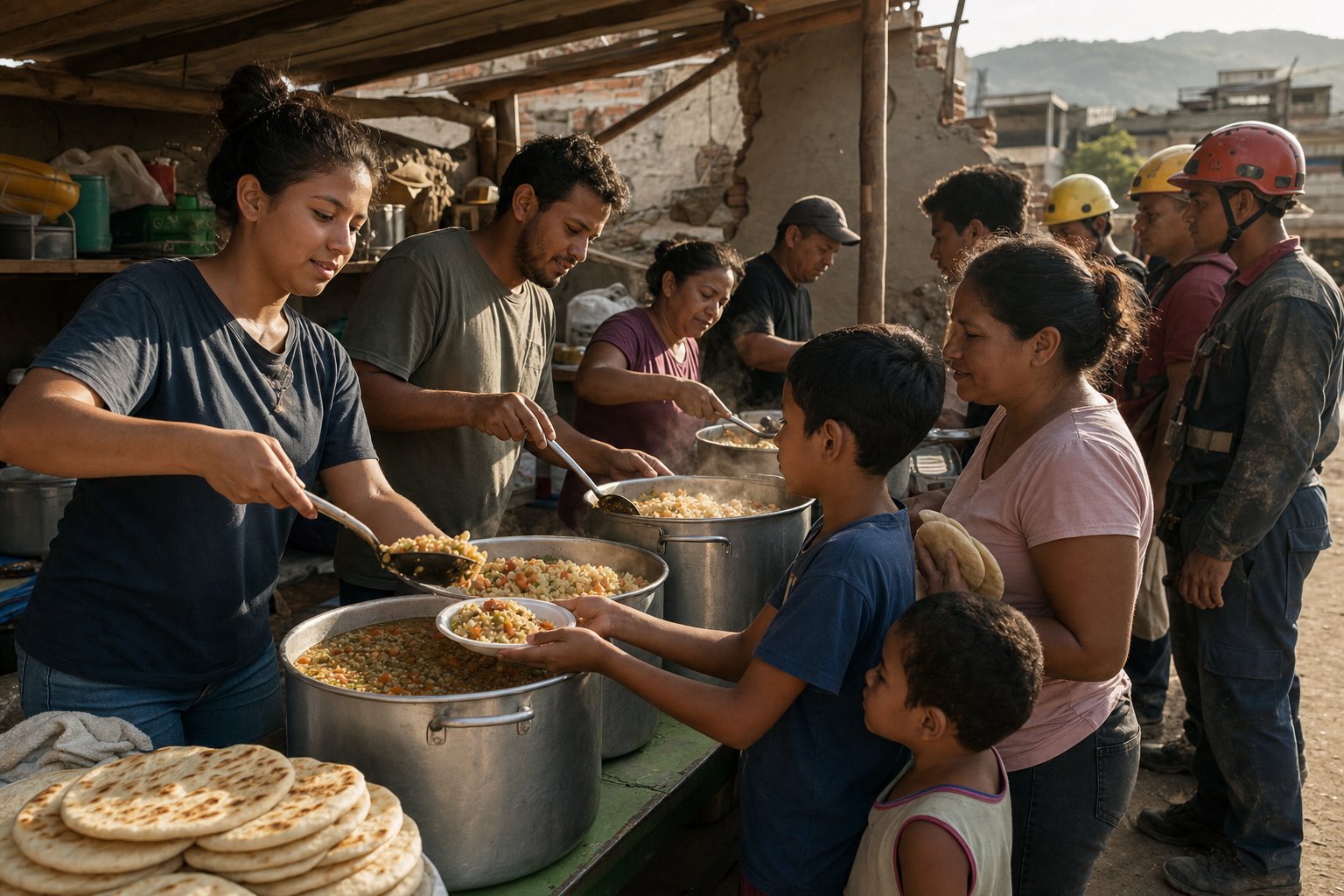 Volunteers serve hot vegetarian meals to families and emergency workers at an outdoor earthquake relief kitchen.