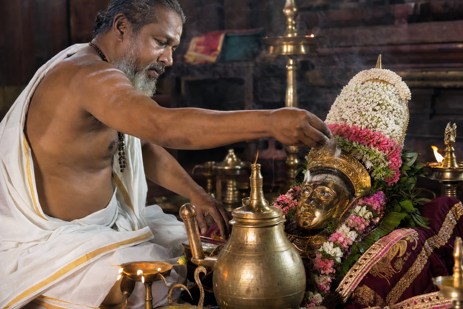 A Vathi performs a ceremonial gesture beside the Thirumudi, brass lamps, flowers and ritual vessels inside a Mudippura.