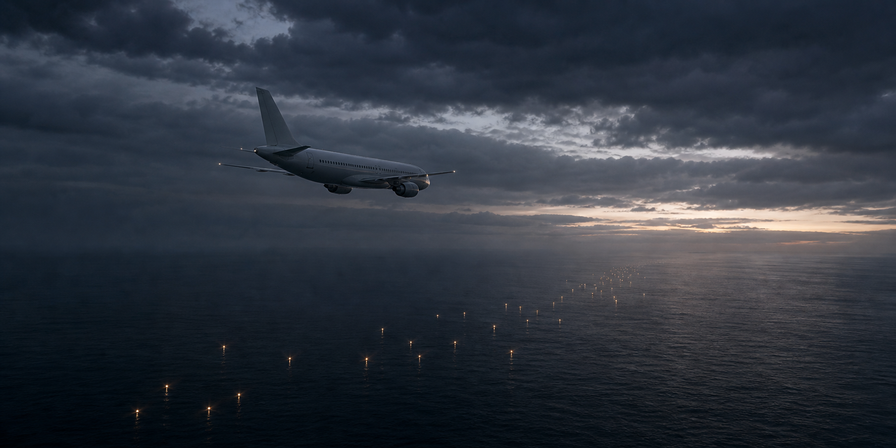An unbranded passenger jet flies over the dark North Atlantic beneath heavy twilight clouds, with small memorial lights reflected on the water.